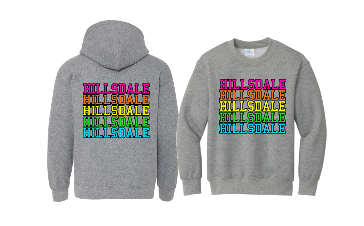 HILLSDALE HAWKS RAINBOW  BACK HOODIE/CREWNECK