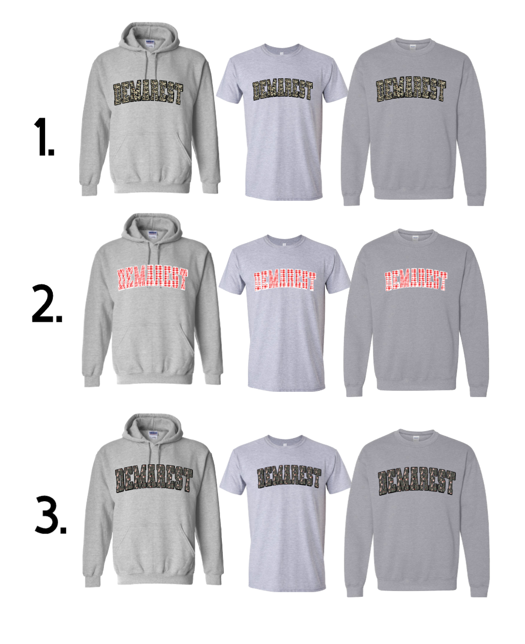 DEMAREST GREY HOODIE/CREW/TSHIRT OPTION