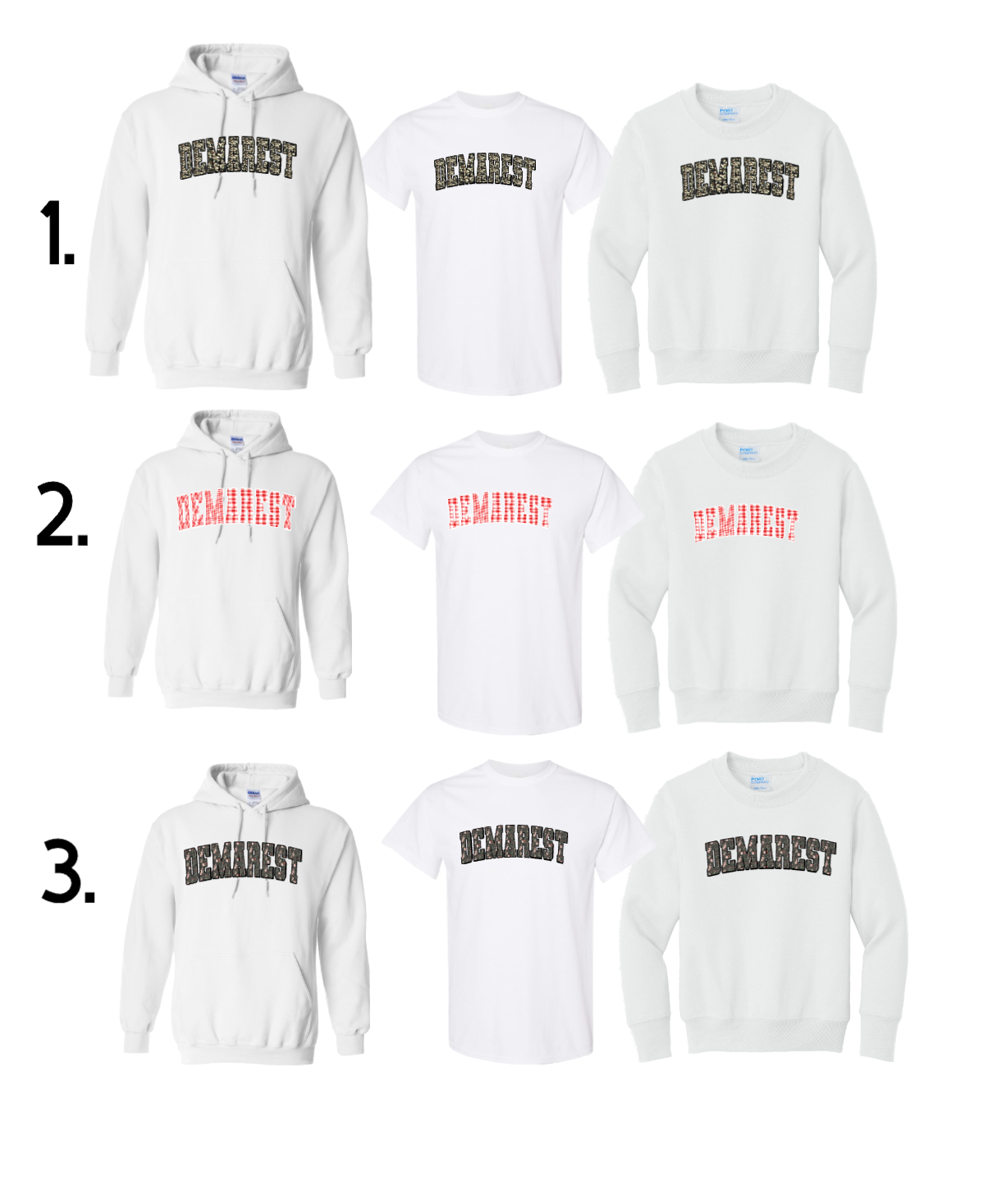 DEMAREST WHITE HOODIE/CREW/TSHIRT OPTION