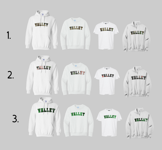 PASCACK VALLEY HOLIDAY WHITE HOODIE/CREW/TSHIRT/1/4 ZIP OPTION